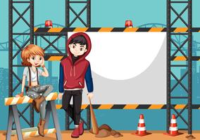 Two street kids and blank frame vector