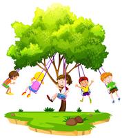 Children Sitting on Tree Swing vector