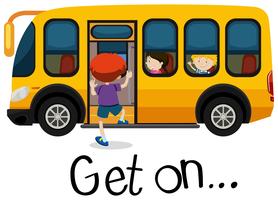 Wordcard for get on with boy getting on schoolbus vector