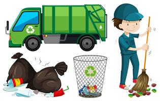 Set of garbage truck and janitor vector