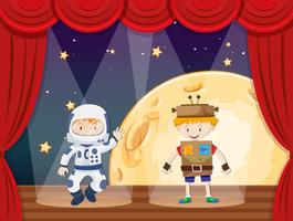 Astronauta y robot en el escenario. vector