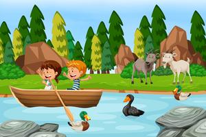 Woods scene with children and animals vector