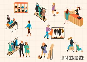 Clothing store. Vectpr illustration with characters. vector