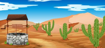 Escena del desierto con cactus y pozo. vector