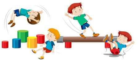 Niños jugando en juegos infantiles. vector