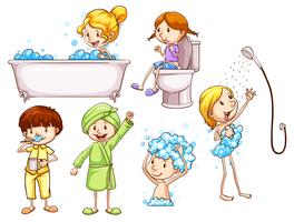 Simple coloured sketches of people taking a bath