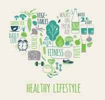 Healthy lifestyle vector illustration in the shape of heart.