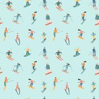 Vector illustration of skiers and snowboarders. Seamless pattern.