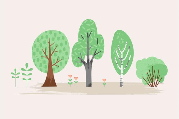 Vector stylized illustration of plant. Trees, bush, grass, flowers.