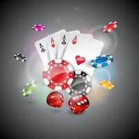 Casino theme with color playing chips and poker cards on shiny background. vector
