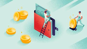 Noisy isometric wallet with money and coins vector