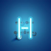 Blue realistic neon character with wires and console from a fontset, vector illustration