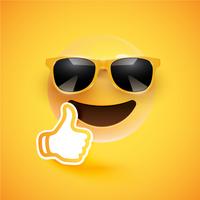 Realistic emoticon with sunglasses and thumbs up, vector illustration