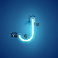 Blue realistic neon character with wires and console from a fontset, vector illustration