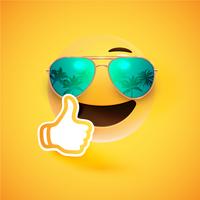 Realistic emoticon with sunglasses and thumbs up, vector illustration