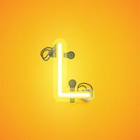 Yellow realistic neon character with wires and console from a fontset, vector illustration