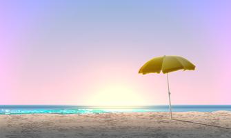 Paisaje realista de una playa con puesta de sol / amanecer y una sombrilla amarilla, ilustración vectorial vector