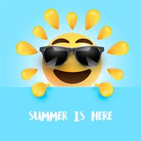 Funny sun-smiley with the title summer is here, vector illustration