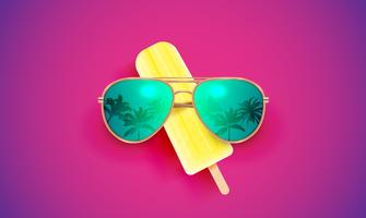 Realistic sunglasses with ice cream on colorful background, vector illustration