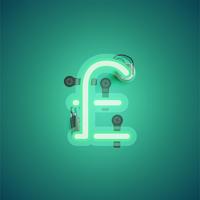 Green realistic neon character with wires and console from a fontset, vector illustration