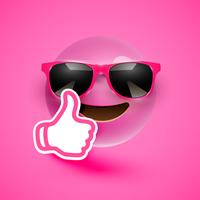 Realistic emoticon with sunglasses and thumbs up, vector illustration