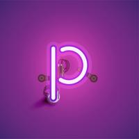 Pink realistic neon character with wires and console from a fontset, vector illustration