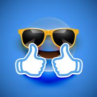 Realistic emoticon with sunglasses and thumbs up, vector illustration