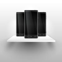 Three mobile phones on a shelf, realistic vector illustration