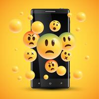 Realistic happy yellow emoticons in front of a cellphone, vector illustration