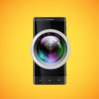 Black realistic cellphone with a camera objective, vector illustration