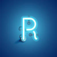 Blue realistic neon character with wires and console from a fontset, vector illustration