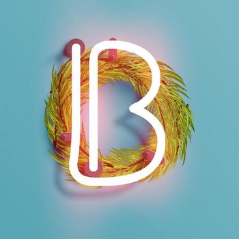 Neon font from a fontset with Christmas decoration pine, vector illustration