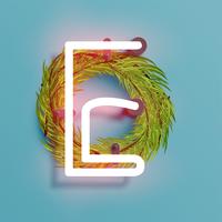 Neon font from a fontset with Christmas decoration pine, vector illustration