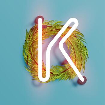 Neon font from a fontset with Christmas decoration pine, vector illustration
