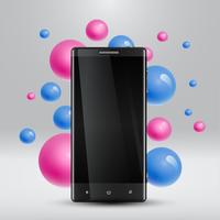 Burbujas de colores flotando alrededor de un teléfono inteligente realista para negocios, ilustración vectorial