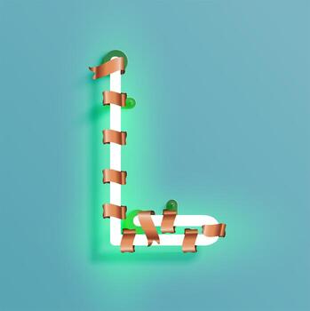 Neon font from a fontset with Christmas decoration pine, vector illustration