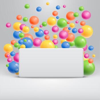 Blank white template with colorful balls floating around for advertising, vector illustration
