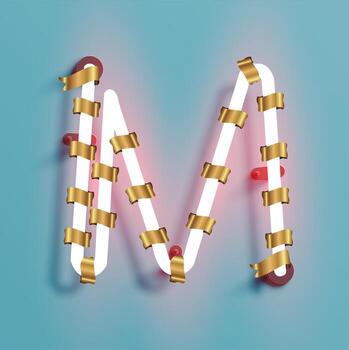 Neon font from a fontset with Christmas decoration pine, vector illustration