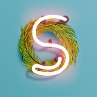 Neon font from a fontset with Christmas decoration pine, vector illustration