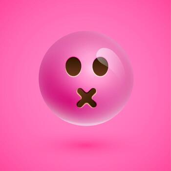 Pink realistic emoticon smiley face, vector illustration