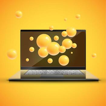 Laptop's enhanced saturation presentation by colorful spheres behind, vector illustration