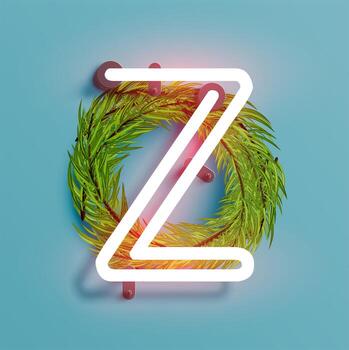 Neon font from a fontset with Christmas decoration pine, vector illustration