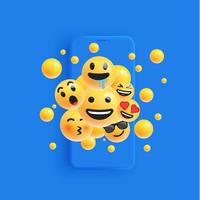 3D y diferentes tipos de emoticonos con smartphone mate, ilustración vectorial vector