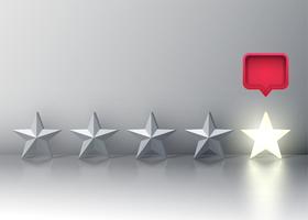 Five-star rating with glowing star and a red speech bubble above, vector illustartion