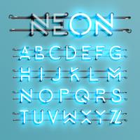 Realistic neon font with wires and console, vector illustration