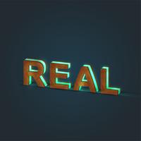 'REAL' - Realistic illustration of a word made by wood and glowing glass, vector