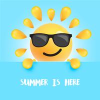 Funny sun-smiley with the title  summer is here, vector illustration