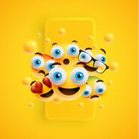 3D y diferentes tipos de emoticonos con smartphone mate, ilustración vectorial vector