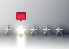 Five-star rating with glowing star and a red speech bubble above, vector illustartion