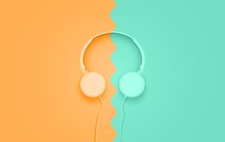 Realistic 3D divided pastel coloured headphones with wires vector